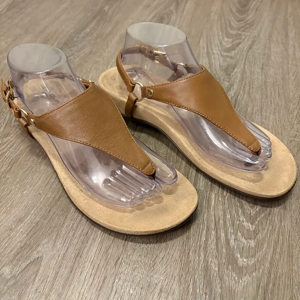Vionic Kirra Women’s Sz 9 Tan Leather Orthotic Thong Sandals Slingback Comfort